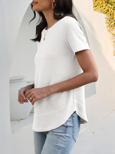 Image of ANRABESS Womens Waffle Knit Tops Short Sleeve Crewneck Shirts Curved Hem Summer Dressy Casual Blouses Spring Fashion Clothing