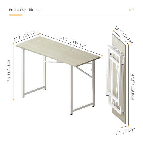 Lutown-Teen 47 inch Folding Desk, Writing Gaming Computer Camping Table, No Assembly Required Home Office Desk, Natural and White - Image 3