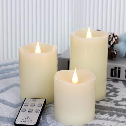 Image of TECHLONG Flameless Candles Battery Operated with Remote Timer, 3D Moving Flame Flickering, Last 600+ Hours Battery Candles, Set of 3 Ivory Real Wax Electric LED Candle for Wedding Party Decor