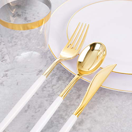 Supernal 350Pcs Gold Plastic Dinnerware Set,Gold Plastic Silverware With White Handle,Disposable White Plastic Plates For Party Or Wedding,Clear Cups,Gold Rim Napkins #TOP2