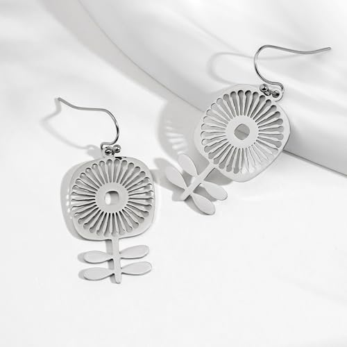 Trendy Boho Earrings, Silver Stainless Steel Bohemian Flower Earrings, Dangle Antique Retro 60s 70s Scandinavian Floral Jewelry for Women by PUSOMU - Used condition - Image 3