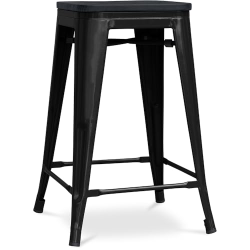 Iconik Interior Tolix Style - Taburete de bar - Diseño industrial - Madera y acero - 61 cm - Stylix negro