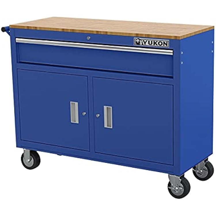HFT YUKON Yukon 46 inches Mobile Workbench With Solid Wood Top, Blue
