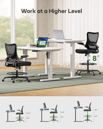 Image of Marsail Drafting Chair, Tall Office Chair with 2D Lumbar Support, Standing Desk Chair with Padded Flip-Up Armrests & Adjustable Footrest Ring, Black