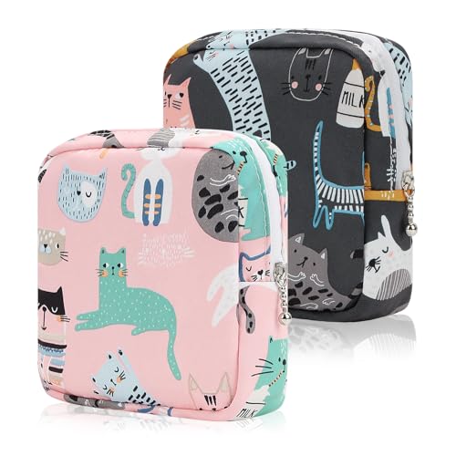 Image of Period Bag Sanitary Napkin Storage Bag for Feminine Pads Panty Liners Tampons and Reusable Pads, Sanitary Pads Pouches First Period Kit for Teen Girls /Women 2 Pack (Pink /Grey Cat)