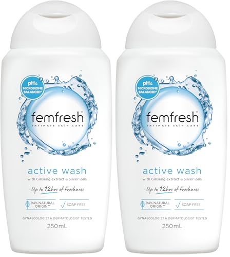 Femfresh Active Intimate Wash 250ml - With Ginseng Extract & Silver-Ion Technology, pH & Microbiome Balanced, 94% Natural Origin Ingredients, Hypoallergenic & Soap-Free - Up to 12hrs Freshness