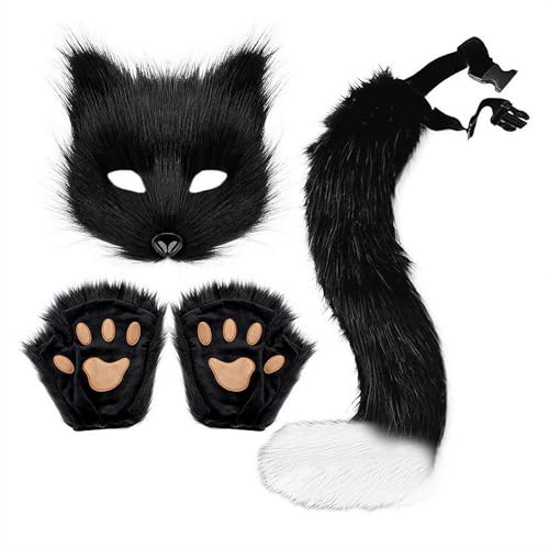 Ensemble masque queue et gants en fausse fourrure de chat et de loup en fourrure pour Halloween, fête de Noël, Noir , taille unique