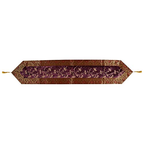 Image of E-EZRA Ari Zari Embroidery Table Runner for Dining Table 6 Seater 72IN Indian Satin Traditional Long Runner Up with Tassels Coffee Tablecloth (Purple)