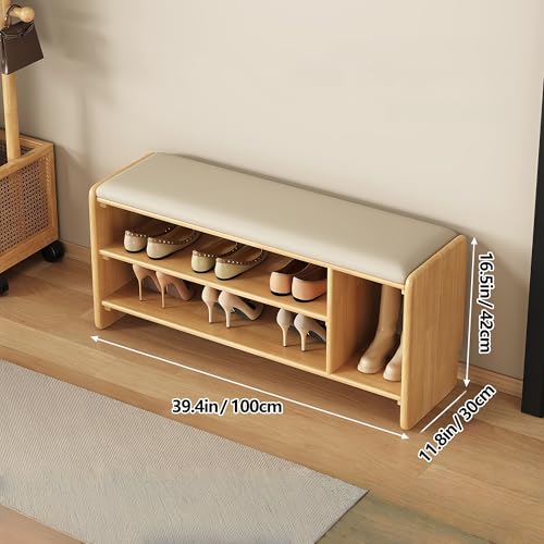 Meuble à chaussures bois étagère d'entrée pouf de rangement double couche avec coussin éponge - 3