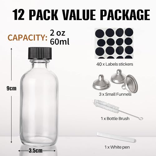 Bigingjia 12-Pack 60ml Shot Bottles with Lids,Mini Clear Glass Bottles with Funnels,Labels,Small Glass Jars with Lids.Perfect for Ginger Travel Shots Juice - Image 2