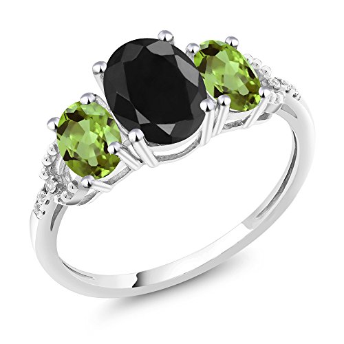 Gem Stone King 10K White Gold Oval Black Sapphire Green Peridot and Diamond Accent 3-Stone Engagement Ring For Women (2.71 Cttw, Gemstone Birthstone)