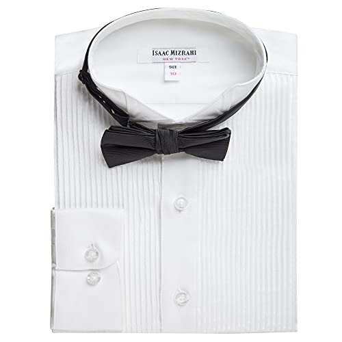Isaac Mizrahi Boy's 100% Cotton Button Cuff & French Cuff Wing Tip Collar Tuxedo Shirt with Bowtie