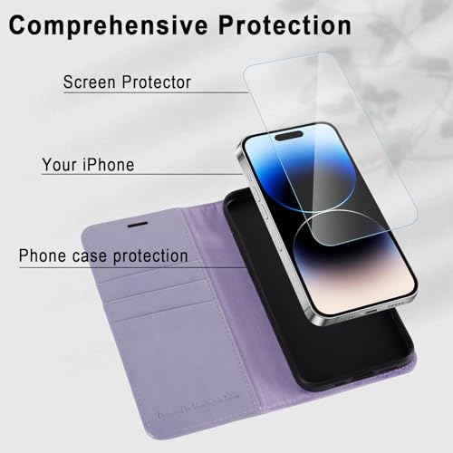 Image of MONASAY Vegan Leather Fit for iPhone 14 Pro Max 5G Wallet Case, 6.7-inch, [Glass Screen Protector Included] [RFID Blocking] Flip Folio Phone Cover with Credit Card Holder,Lavenders