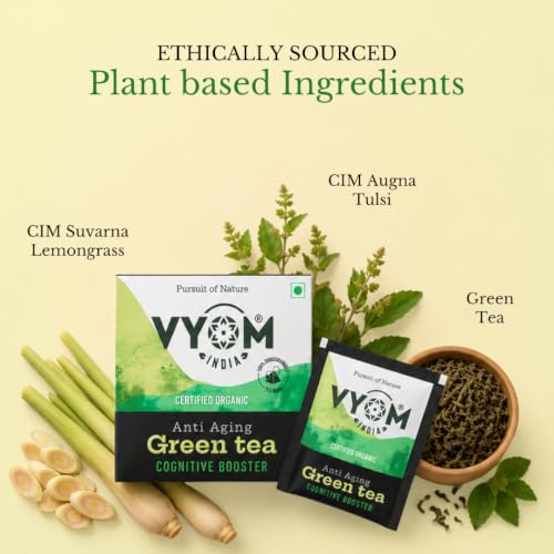 Image of VYOM INDIA Organics Green Tea For Weight Loss - 15 Bags | Anti Aging, Cognitive Booster, Strengthen The Function Of Brain, Reduces Stress, Boost Metabolism | Tulsi & Lemongrass Flavour