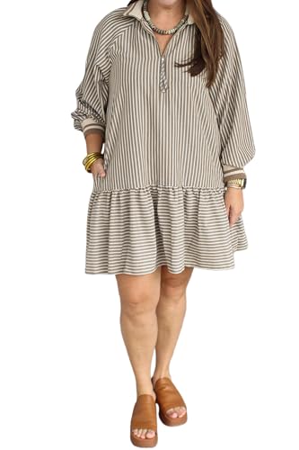 Trendy Khaki Striped Plus Size Mini Dress – Elevate Your