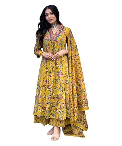 Image of Yashika Women Cotton Blend Floral Printed Kurta Plazzo Set with Dupatta Suitable For Every Indian Occasion