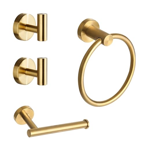 Betadistor Bathroom Hardware Accessories Set of 4 - SUS 304 Stainless Steel Brushed Wall Mounted Rack 1x Towel Ring Bar + 1x Toilet Paper Roll Holder + 2 x Robe Hook Gold 012-0407