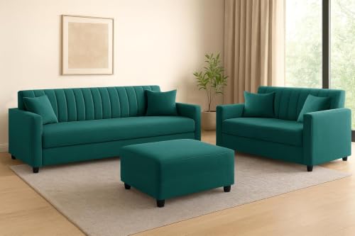 Image of 3+2 Fabric Wooden Sofa Set with Ottoman for Living Room | Modern Upholstered 5-Seater Couch | Soft Cushion, Premium Velvet Fabric-Green