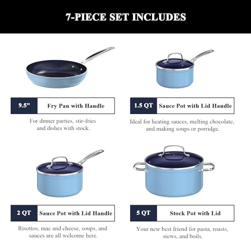 Nuwave 7pc Cookware Set Healthy Duralon Blue Ceramic Nonstick Coated, Diamond Infused Scratch-Resistant, PFAS Free, Oven Safe, Induction Ready & Evenly Heats, Tempered Glass Lids & Stay-Cool Handle by Nuwave - Image 2