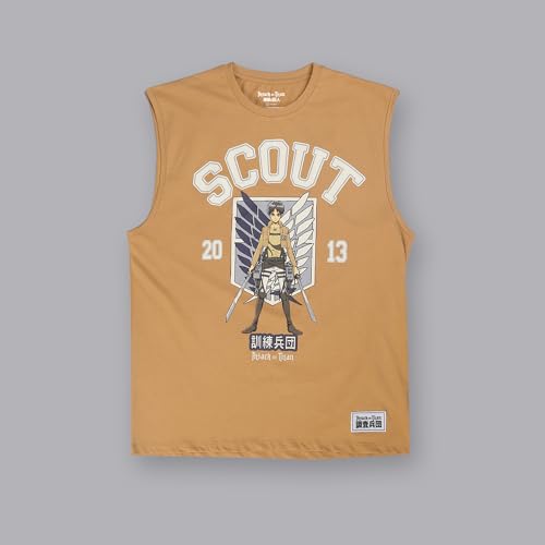Image of Free Authority Official Attack On Titans:Scout Anime Graphic Print Pure Cotton Brown Regular Fit Sleeveless Tank Tshirt for Men
