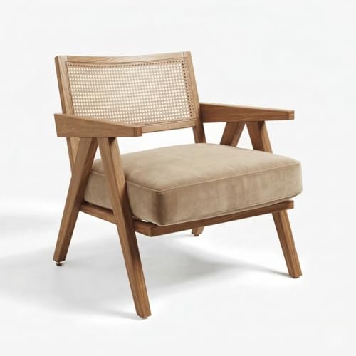Image of Kingsman Furnitures ABEL Rattan Teak Wood Accent Arm Chair for Home Bedroom, Living, Dining, Drawing Room | Ultra Soft and Comfortable for Stress Free | Removable Cushion (Beige Velvet)