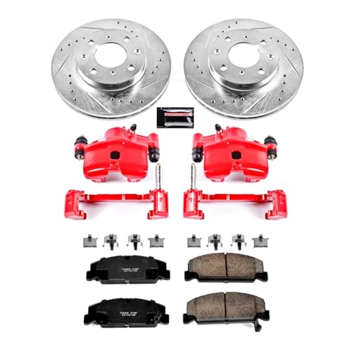 Image of PowerStop Front and Rear Brake Kit for Toyota Avalon 2005-07 |Camry 2005-06 |Solara 2004-08 - Carbon-Fiber Ceramic Brake Pads + Drilled & Slotted Rotors + Red Powder Coated Calipers, KC5482