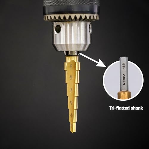 Image of NEIKO 10183A Step Drill Bit, 6 Steps 3 /16 inch to 1 /2 inch Straight High Speed Steel, Titanium Nitride Coated, 1 /4 inch Tri Flat Step Bits for Steel, Metal, Wood, Plastic, Unibit Cone Drill Bits, Two Flute