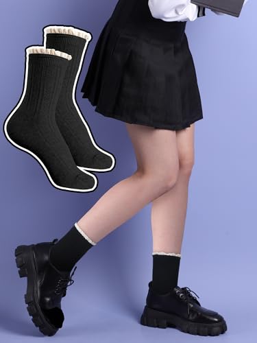 Image of Fourluoo 6 Pairs Breathable Women Ruffle Socks White Black and Gray Frilly Ankle Socks for Women