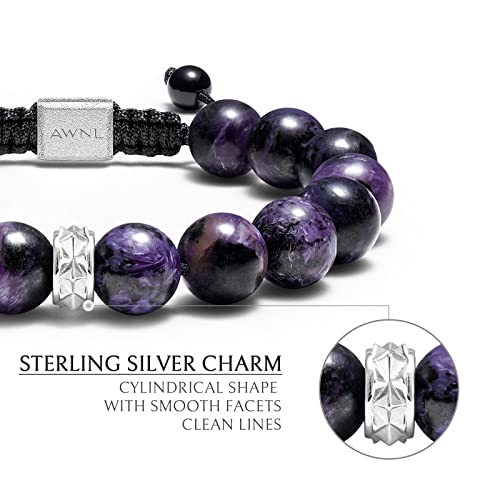 Hawk's Eye Charoite Beaded Bracelet for Men Sterling Silver Charm Adjustable Braided Protection Bracelet (10mm) Natural Gemstones Gift for Men, 6.1''-7.5''4