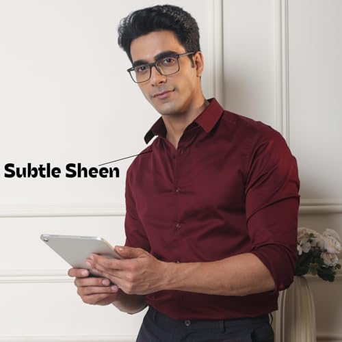 Image of SUBTRACT Men's Slim Fit Solid Spread Collar Cotton Satin Evening Shirt | Stylish Men's Wear Shirt for Office or Party