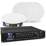 4 altavoces de techo NCSP5 con woofer de 5,25” y tweeter de 2 vías para un sonido claro y equilibrado. Diseño de perfil bajo sin logotipos visibles para una integración discreta.