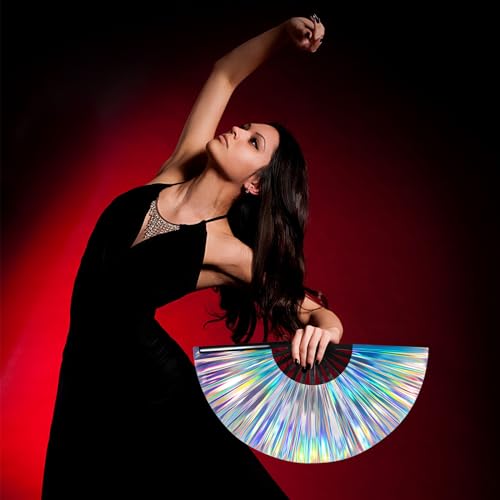 Image of FairySandy Large Rave Fan UV Glow Clack Summer Hand Fan with Thigh Holster for Women Carnival Party Supplies for Carnival Edm Music Festival Club Accessories(Laser,Laser Color)
