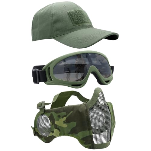 Yzpacc Airsoft Half Face Mask with Goggles& Patch Hat Set