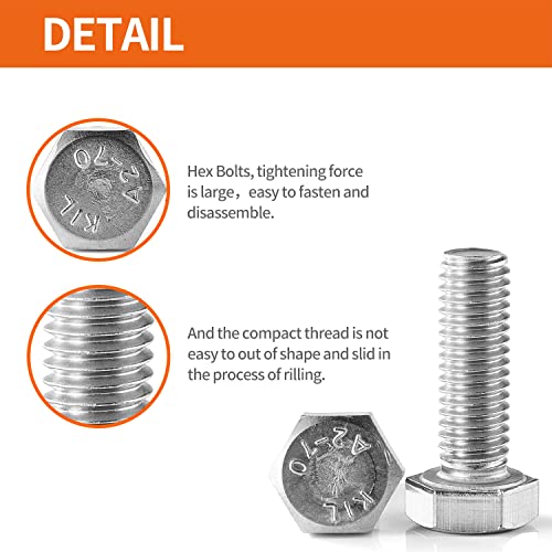 Image of M8-1.25 x 20mm Heavy Duty Hexagon Bolts Hex Head Screws, 304 Stainless Steel, Metric Machine Fully Thread, Bright Finish, Quantity 25PCS