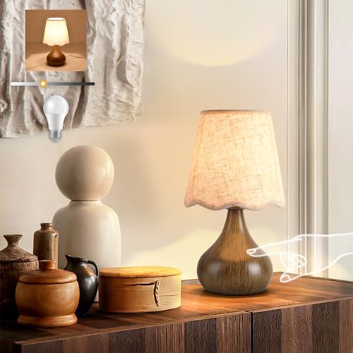 Ziqqeelam Wood Grain Small Table Lamp Touch Control, Farmhouse Bedroom Lamps for Bedside Nightstand, Vintage Small Table Lamps for Small Spaces for Kitchen Counter, Home Office, Kids Dorm, Bookshelf