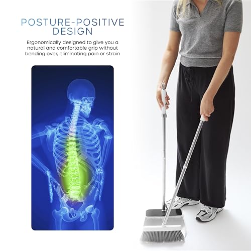 Swan Elevate Posture-Positive Kehrschaufel und Besen mit langem Griff, abgewinkelter Bürste und 3-lagigen, gefiederten, weichen Borsten, leicht zu reinigendem Kammsystem, Aufbewahrungsschlaufe, Weiß