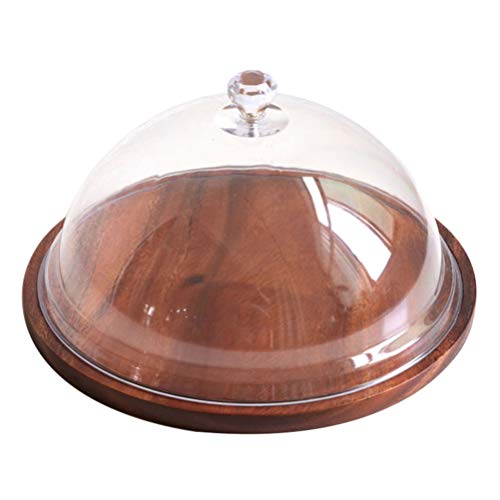 HEMOTON Wood Server Cake Stand with Clear Acrylic Dome Round Cake Display Plate Serving Platter Dessert Storage Tray Wedding Xmas New Year Party Supplies