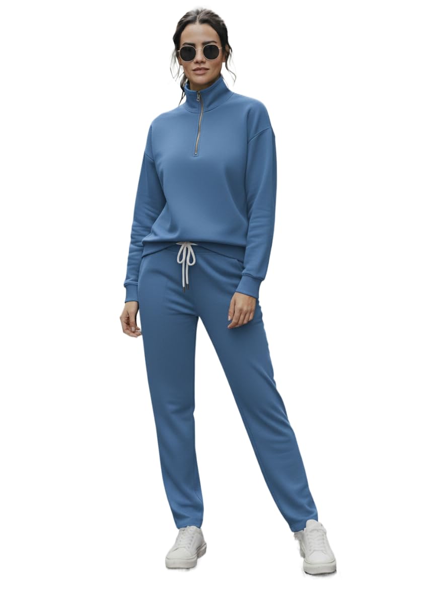 Solid Half Zipper Track Suit for Women | Warm Fleece Tracksuit Set | Full Sleeve Sweatshirt-M6204-picture-15