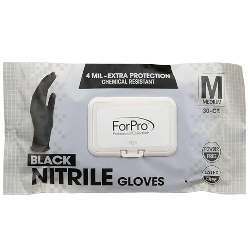ForPro Professional Collection Disposable Nitrile Gloves, Chemical Resistant, Powder-Free, Latex-Free, Non-Sterile, Food Safe, 4 Mil, Black, Medium, 30-Count