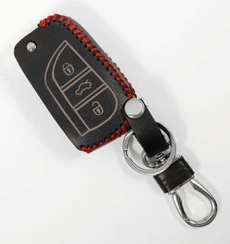 Image of Leather Smart Car Key Cover Case with Metal Hook Keychain for Toyota Corolla Altis Innova Crysta (Black)
