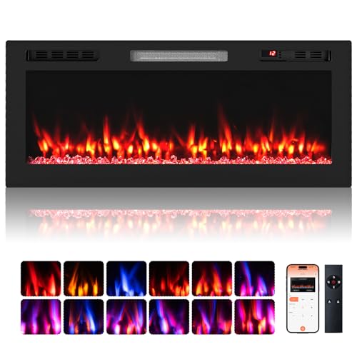 COSTWAY Cheminée Électrique 106,5 CM, Cheminée Compatible avec Alexa et Google Assistant Chauffage Encastré/Mural 750W/1500W avec APP & Télécommande, 12 Couleurs & 5 Niveaux de Luminosité, Minuterie