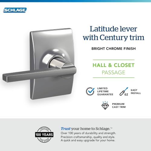 Image of SCHLAGE Latitude Hall /Closet Passage Door Handle, Reversible, Bright Chrome | Hall or closet lever door handle with no lock, Easy to install, Certified durability, Universal fit