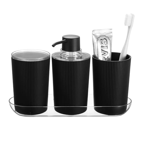 iDesign 4-Piece Bathroom Accessories Vanity Countertop-Black/Clear Fluted Soap Pump Set with Tray