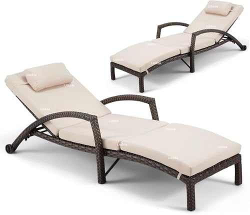 Image of Outdoor Poolside Lounger with Adjustable Backrest Sun Chaise Recliner for Terrace Garden Poolside for Relaxation Durable and Stylish- Set of 2 (Brown & Cream)
