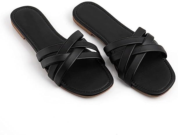 SOOPEN Solid One-Toe Flats Sandals For Women & Girls (Black, 9).