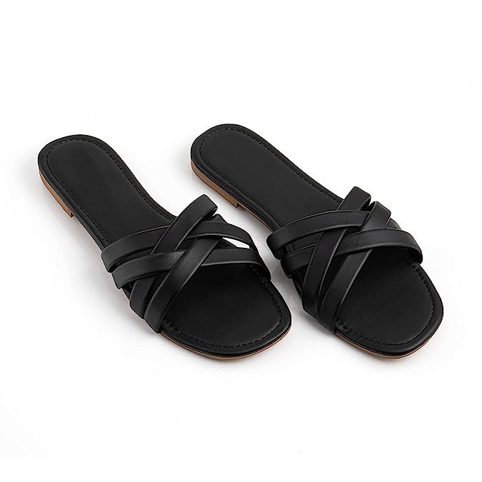 SOOPEN Solid One-Toe Flats Sandals For Women & Girls (Black, 9).
