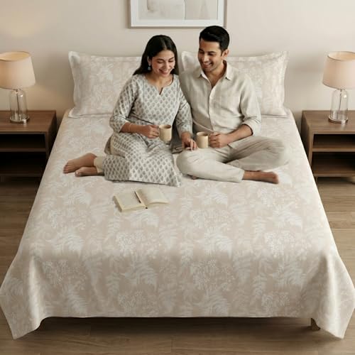 Image of Mafatlal 186 TC Metro Cotton Double Bed Bedsheet | 90x100 Inch|Soft, Breathable & Lightweight | Includes 2 Pillow Covers| Honey Beige 1