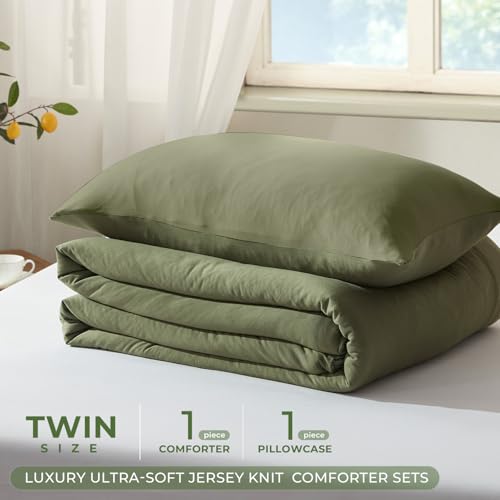 Image of Twin Comforter Set, Comforters Twin Size Bed Sets, Luxury Ultra-Soft Jersey Knit Bedding, Olive Green Lightweight Down Alternative Bed Comforter for All Season, 2 Piece Bedding Set