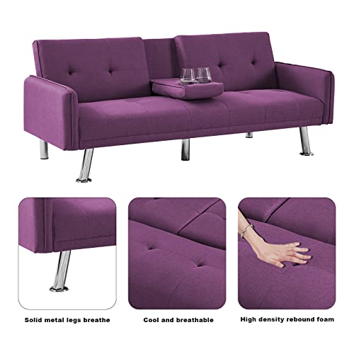 Recaceik Futon Sofa Bed, Upholstered Modern Convertible Folding Sleeper Sofa, Recliner Twin Size Futon Couch Bed With Armrests 2 Cupholders And Metal Legs, Love Seat For Living Room, Apartment #TOP4