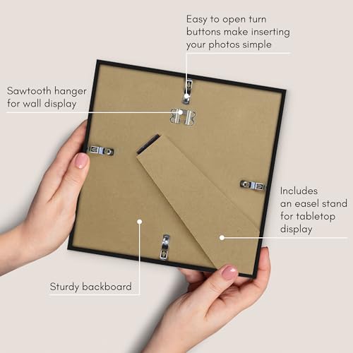 Americanflat 10x10 Picture Frame with Shatter-Resistant Glass - Streamline Collection - Thin Border Square Frame for Tabletop and Wall Display - Hanging Hardware and Easel Stand Included - Black